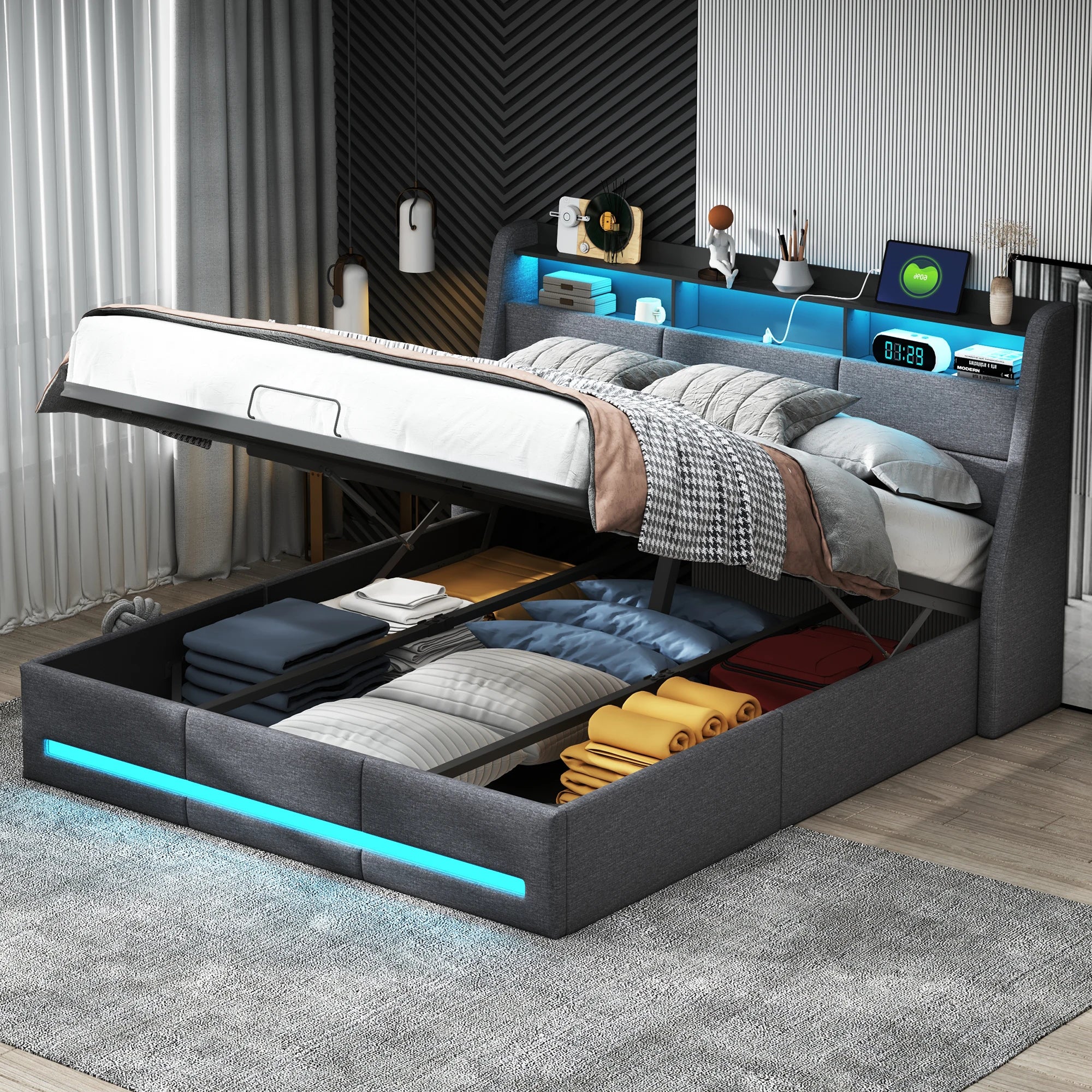 Dubbelsäng med förvaringsutrymme och skivstativ, LED-sänggavel med USB-laddningsfunktion