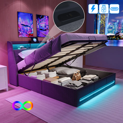 Dubbelsäng med förvaringsutrymme och skivstativ, LED-sänggavel med USB-laddningsfunktion