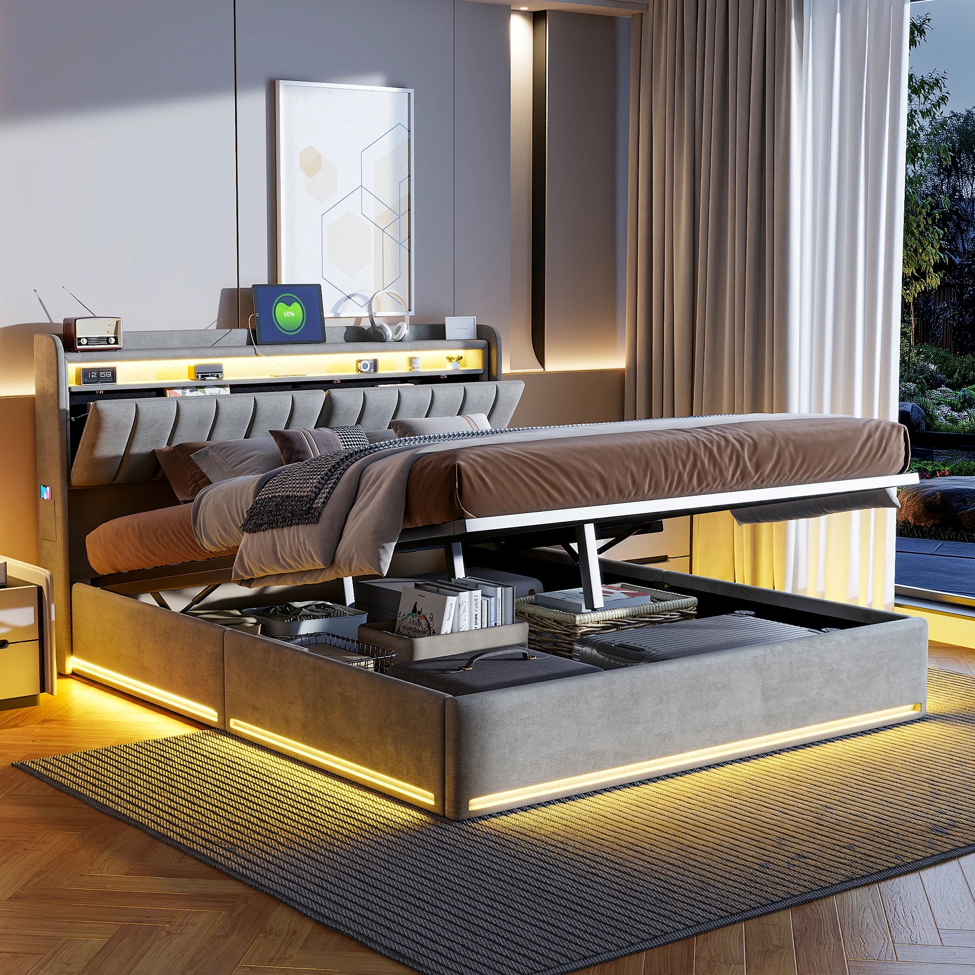 Hydraulisk säng 140x200 cm med LED,