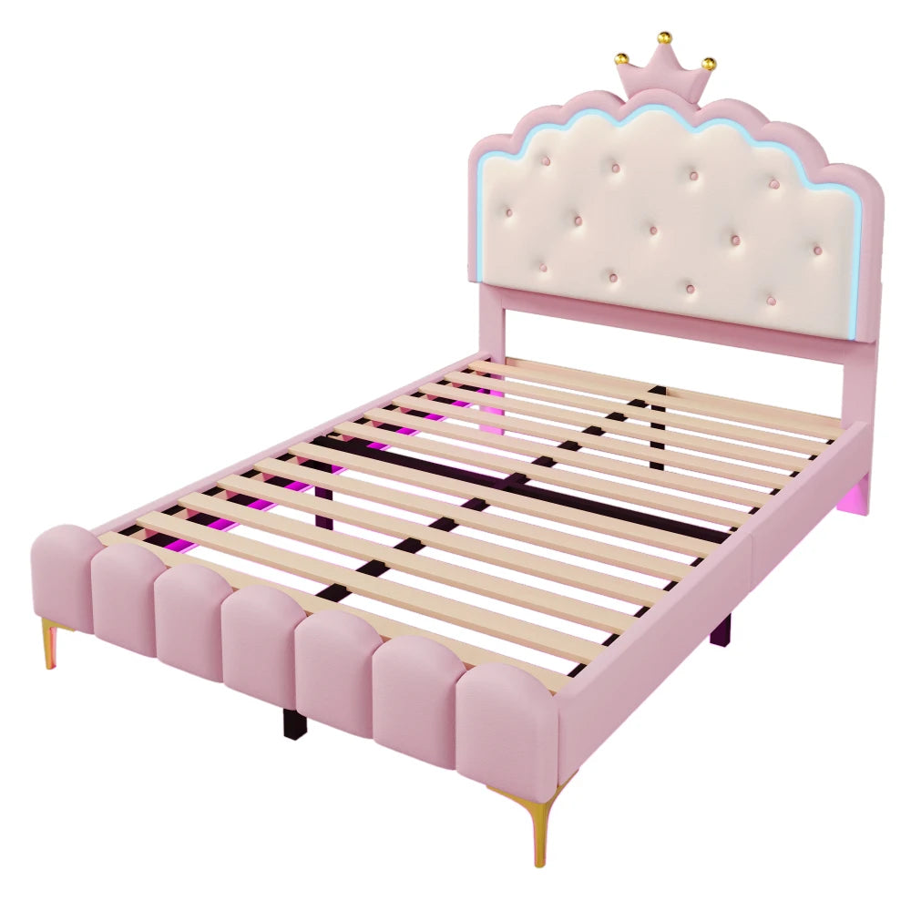 Glamorös säng i prinsessstil med PU-klädd 140x200cm - Fjärrstyrd LED-stämningsbelysning, krondesign, säng utan madrass