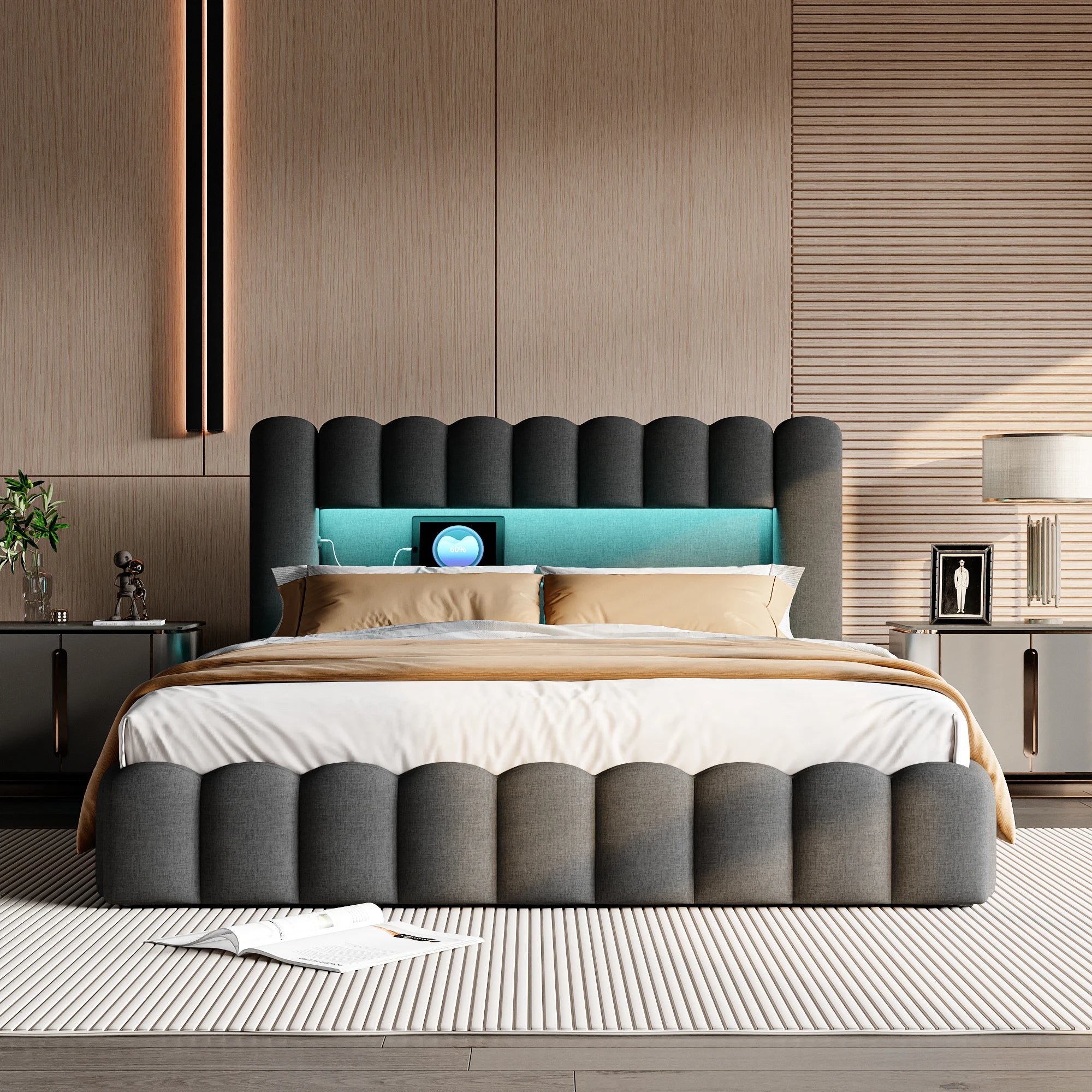 Dubbelsäng med förvaringssänggavel, med LED-belysning och USB-laddning