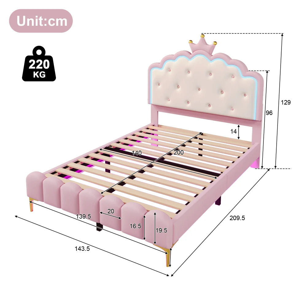 Glamorös säng i prinsessstil med PU-klädd 140x200cm - Fjärrstyrd LED-stämningsbelysning, krondesign, säng utan madrass