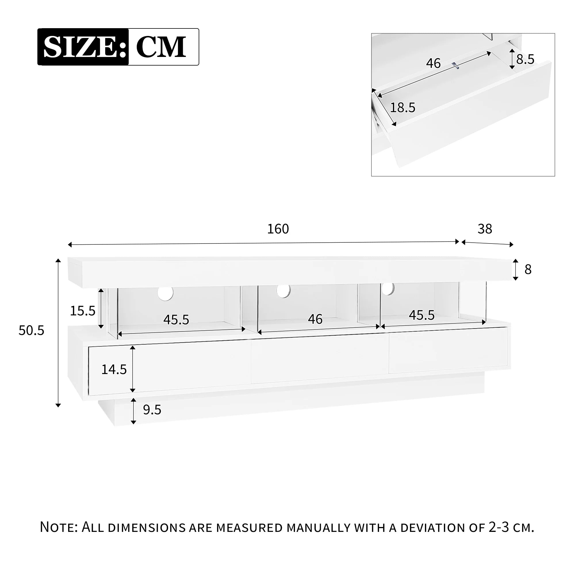 TV-skåp med 3 glasfack, LED-belysning, appstyrning, Bluetooth-anslutning