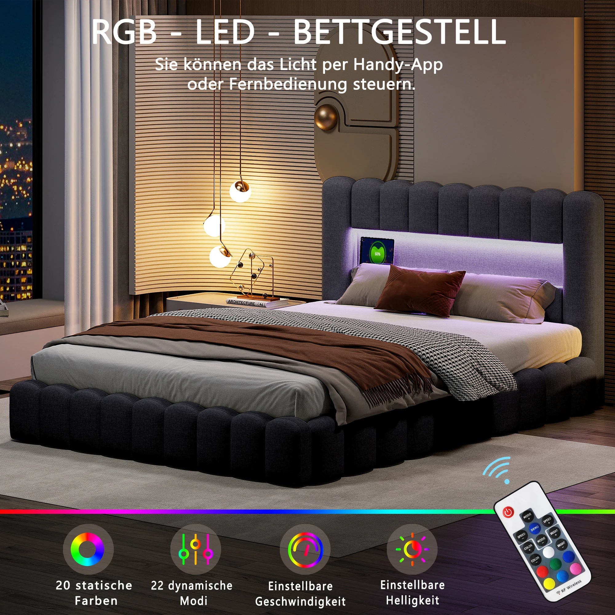 Dubbelsäng med förvaringssänggavel, med LED-belysning och USB-laddning