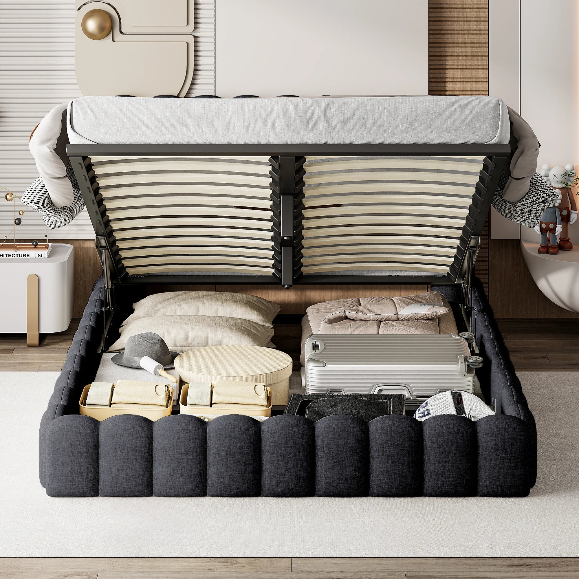 Dubbelsäng med förvaringssänggavel, med LED-belysning och USB-laddning